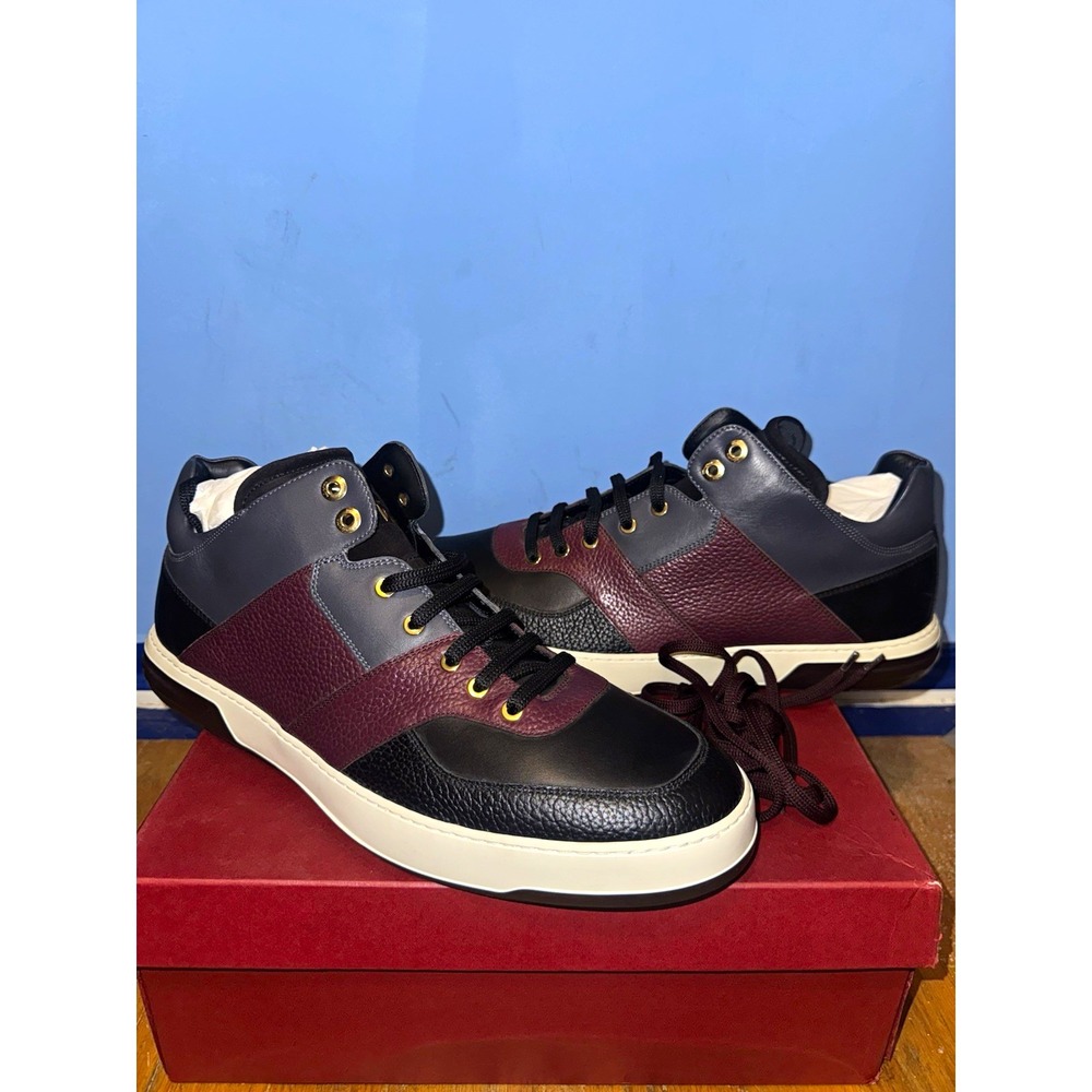 Salvatore Ferragamo Monroe 3 Men Leather Sneakers Black Burgundy 14 EE 0650279